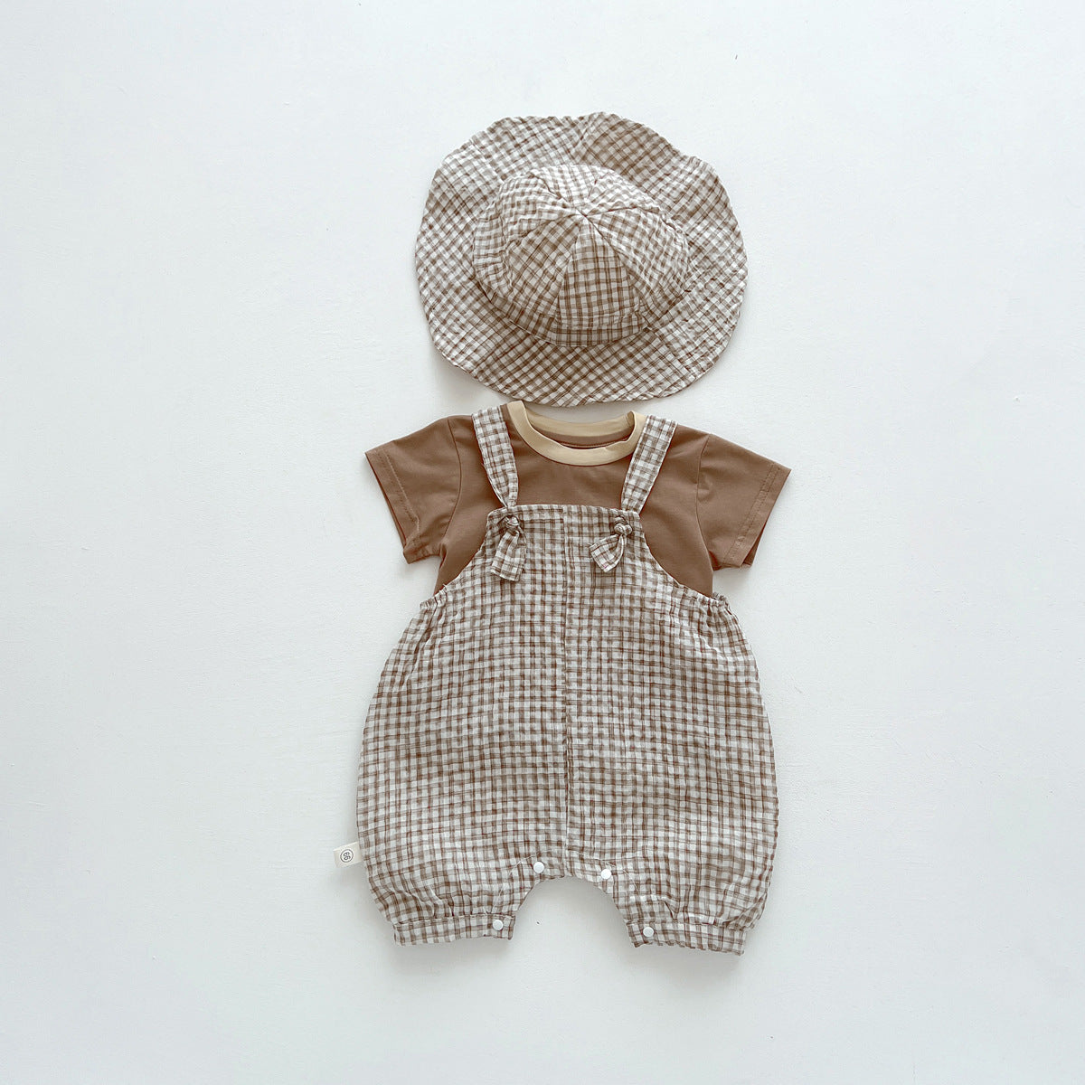 A children&#039;s summer Korean plaid bib suit ins baby boy and girl baby round neck T-shirt two-piece hat - Mixbatch