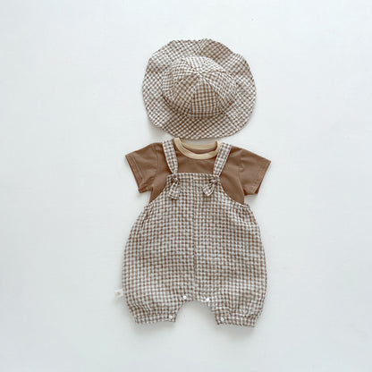 A children&#039;s summer Korean plaid bib suit ins baby boy and girl baby round neck T-shirt two-piece hat - Mixbatch