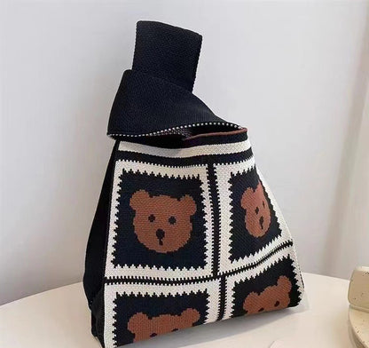 A Internet celebrity handbag women's knitted wool bucket bag Japanese and Korean version versatile hand carry casual tote bag box lunch bag y