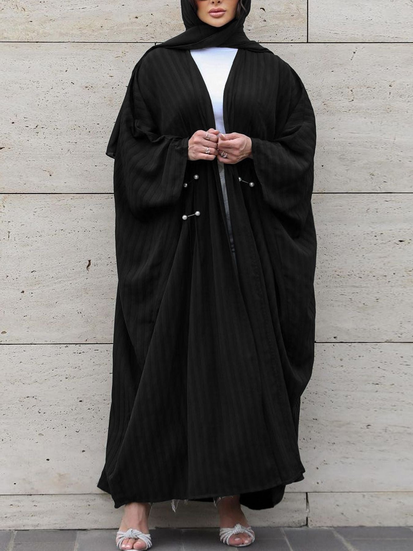 Middle East Dubai Clothing Bat Sleeve Long Dress Fashion Elegant Cardigan Pearl Dress Robe - Mixbatch