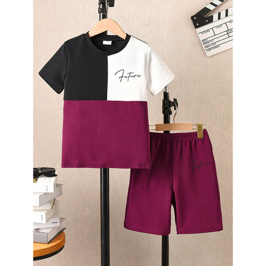 A summer middle-aged and older children's European and American round neck short-sleeved shorts two-piece set