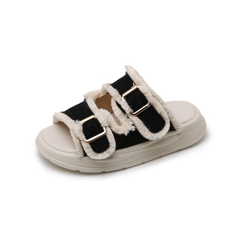 A simple medium and large boys and girls open-toed soft-soled versatile retro niche fringed slippers - Mixbatch