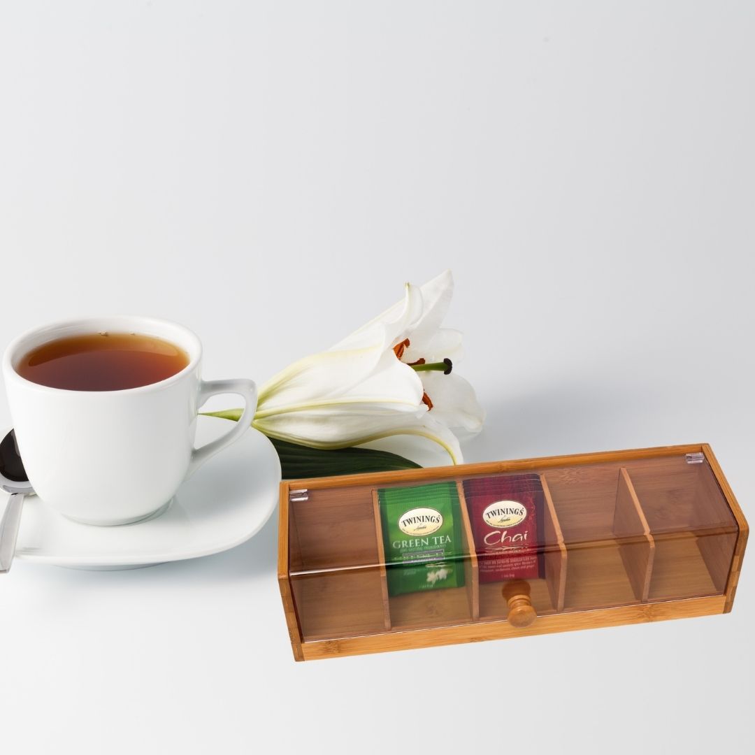 A Bamboo separated flip tea box Wooden packaging box 5 compartments storage with transparent acrylic board tea bag storage