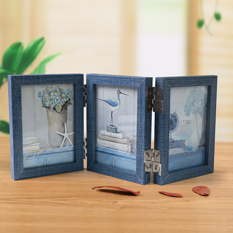 A three-fold wooden photo frame photo frame table 7-inch 8-inch double-sided folding photo frame literary picture frame