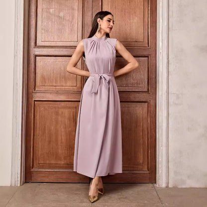Women's Muslim Solid Color Casual Sleeveless Bottom Long Dress High Neck Belt Dress Inner Shirt - Mixbatch
