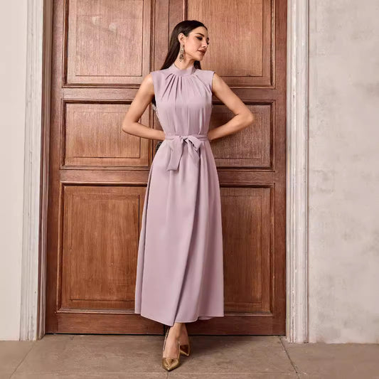 Women's Muslim Solid Color Casual Sleeveless Bottom Long Dress High Neck Belt Dress Inner Shirt - Mixbatch