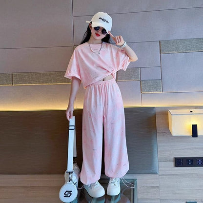 A girls' suit summer new middle-aged and older children's girls' summer wear short-sleeved t-shirt and trousers casual two-piece set foreign trade