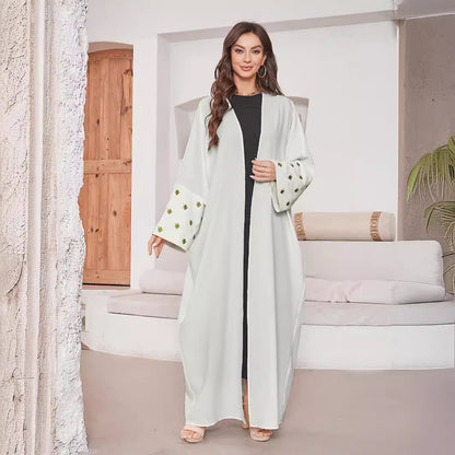 Middle Eastern Muslim Embroidered Clover Fashion Cardigan Dress Robe White Dress Bat Sleeve - Mixbatch