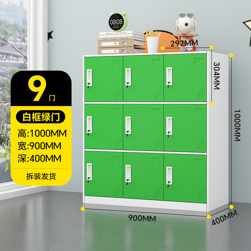 A colorful metal storage locker for school classrooms
