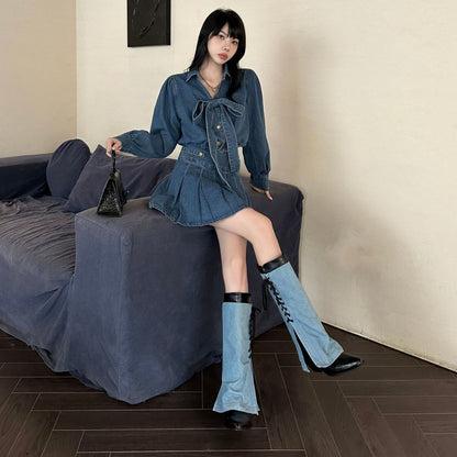 A new sweet wind women's fashion shoes stiletto heel women's bow lace-up cowboy boots design sense new