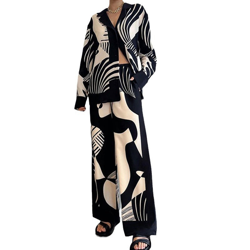 A Spring new trend fashion print suit long cardigan straight pants two-piece set