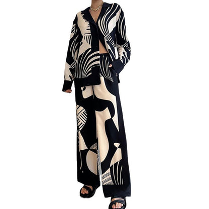A Spring new trend fashion print suit long cardigan straight pants two-piece set