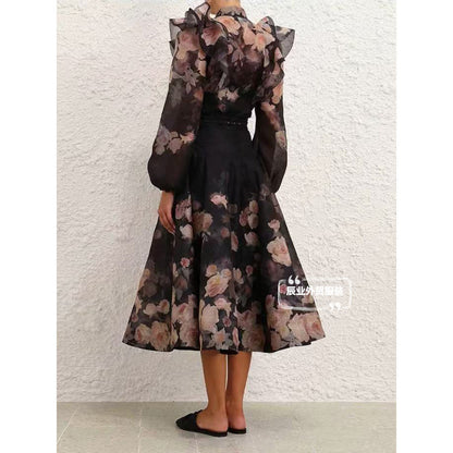 A European summer new heavy craft ruffle edge lantern sleeve shirt + large skirt set