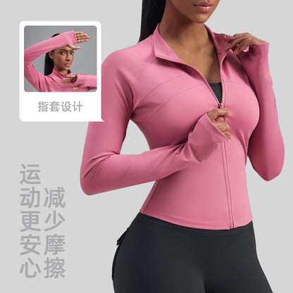 A European and American large size zipper sports jacket elastic tight sports top European size slim and thin yoga clothes women
