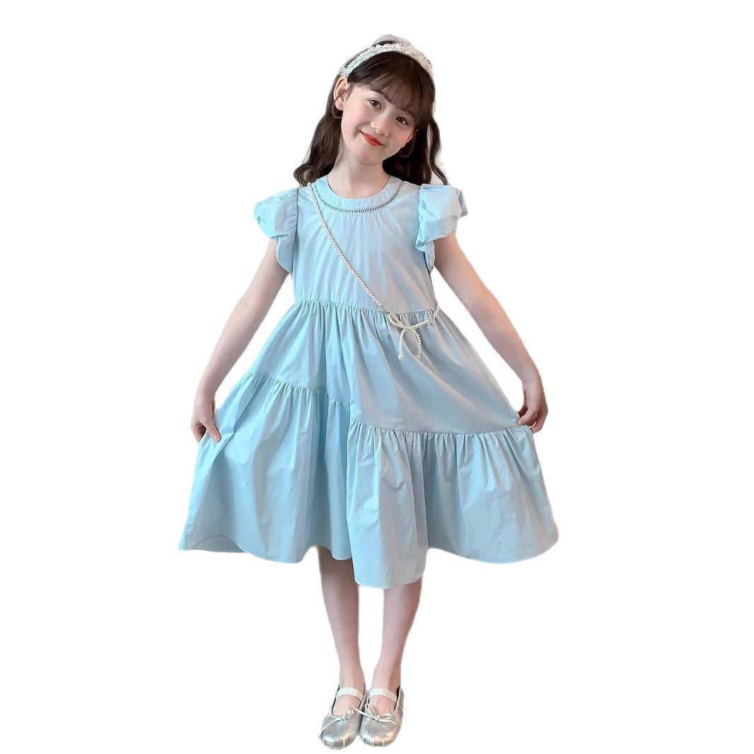 A girls summer Korean bubble sleeve dress new children's foreign style sweet solid color princess dress tide cross-border