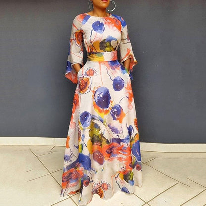 A Mid-waist blue printed long dress waist dress
