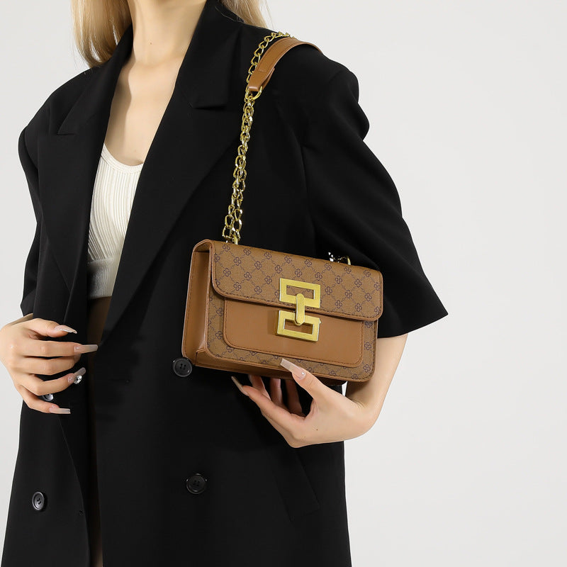 A new simple foreign style shoulder bag fashion chain retro lock small square bag printed messenger bag - Mixbatch