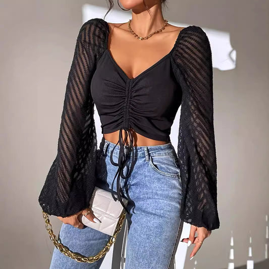 Spice Girl Chest Lace-Up Lantern Sleeve Crop Top - Mixbatch