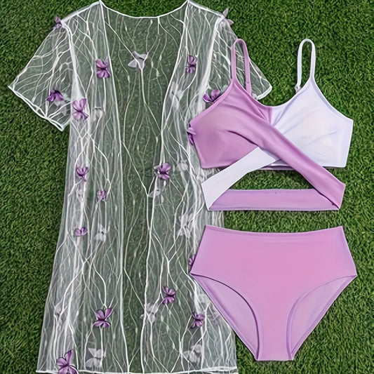 A mesh bikini three-piece swimsuit for girls - Mixbatch