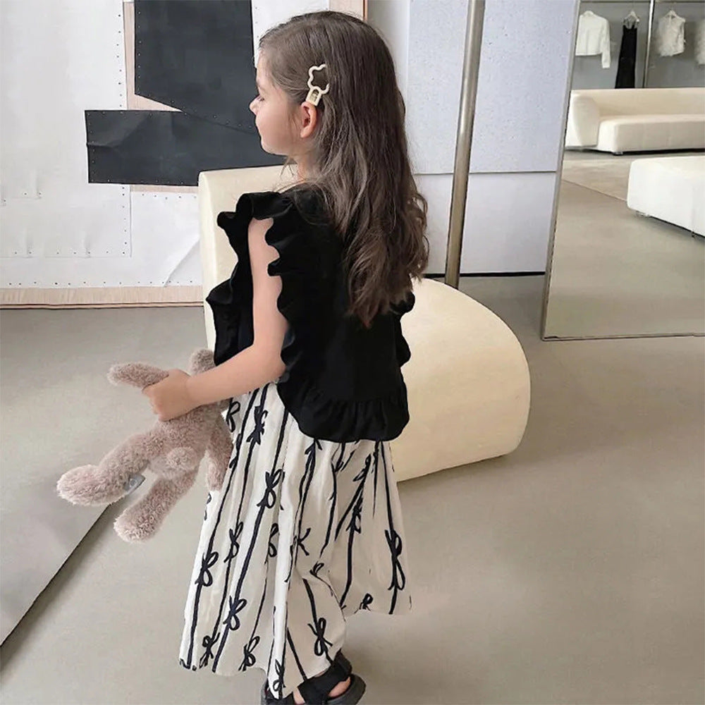 A Korean version of the girl doll shirt summer new sweet retro Hepburn style flying sleeve elegant simple long skirt set