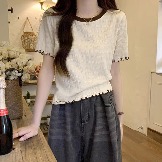 A apricot round neck fungus edge short-sleeved t-shirt women's summer short design sense niche foreign style European t-shirt top - Mixbatch