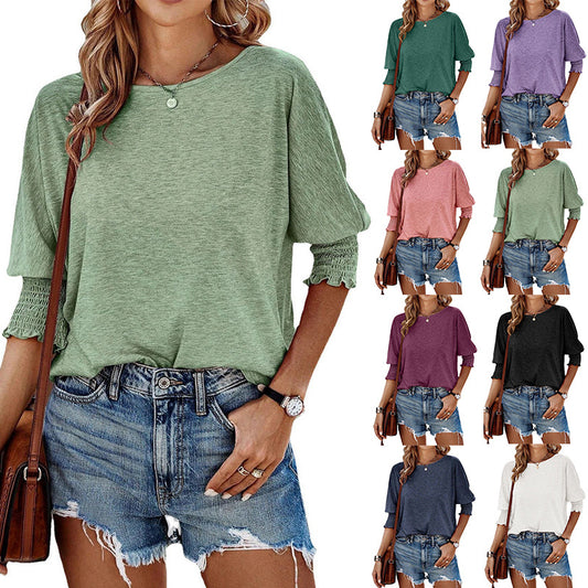 Europe, America, cross-border Amazon 2025 summer new products fashion loose round neck cuffs long version large size T-shirt women