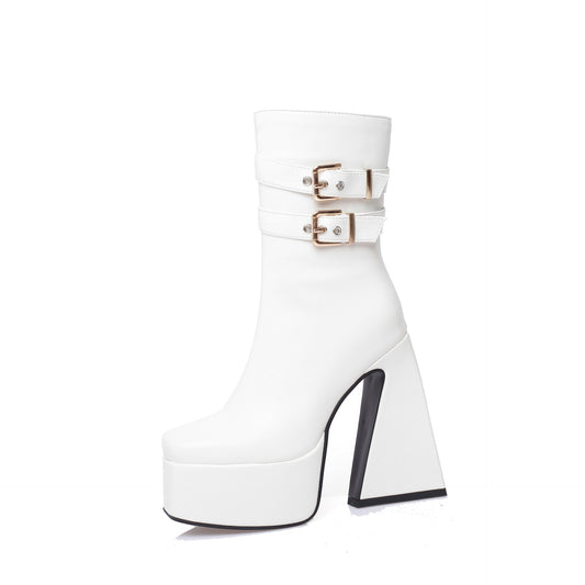 A Hollow Women's Waterproof Platform High Heel Square Head Side Zipper Fashion Boots