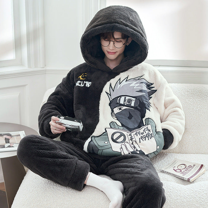 A Autumn and winter coral fleece men's and women's pajamas long-sleeved hooded cartoon flannel thickened couple loungewear warm suit