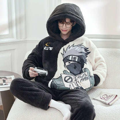 A Autumn and winter coral fleece men's and women's pajamas long-sleeved hooded cartoon flannel thickened couple loungewear warm suit