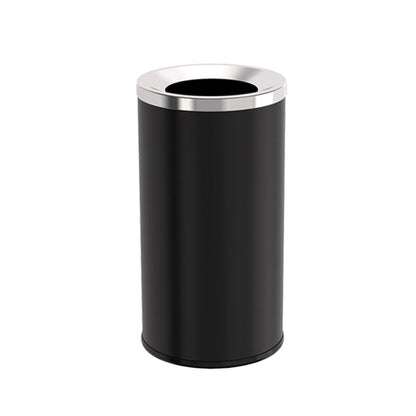 A stainless steel trash can