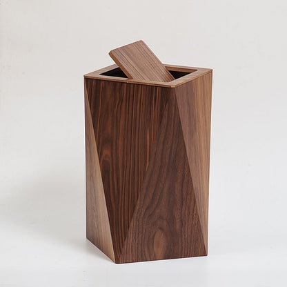 A wooden trash can