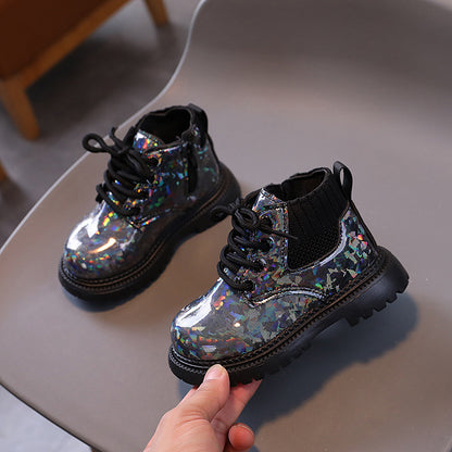 A Children's Martin Boots Black Shiny Boots for Boys and Girls