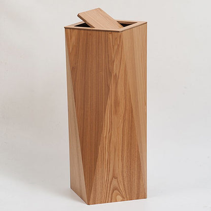 A wooden trash can