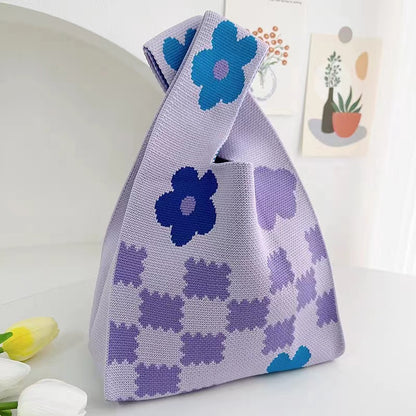 A Internet celebrity handbag women's knitted wool bucket bag Japanese and Korean version versatile hand carry casual tote bag box lunch bag y