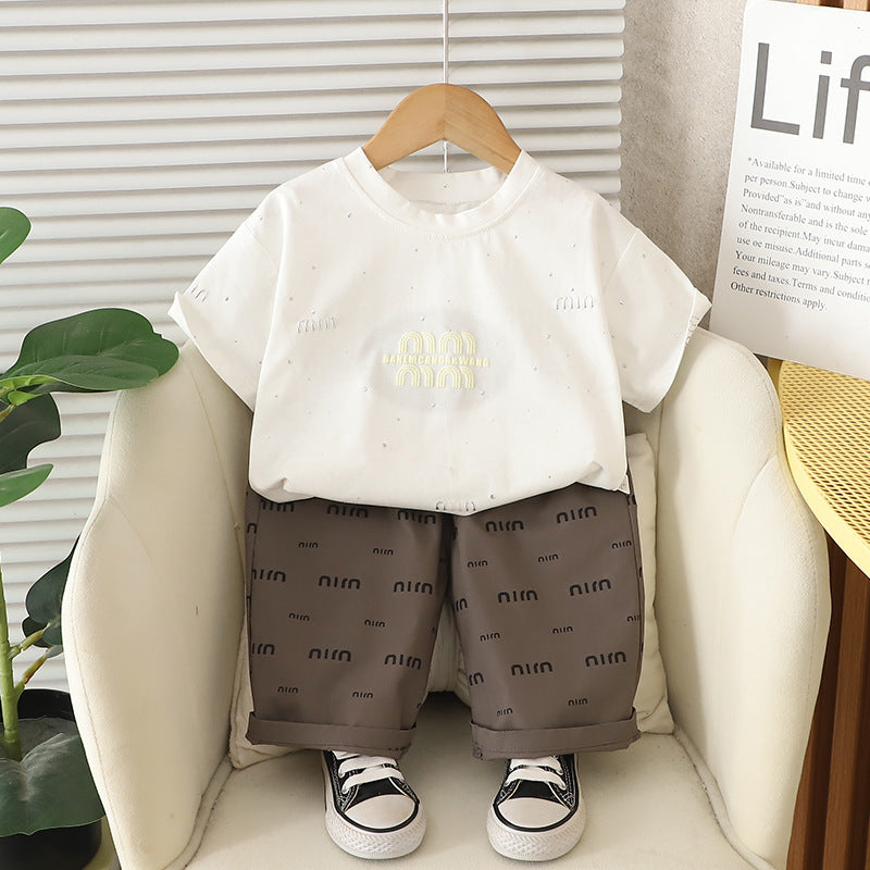A summer new model 0-4 years old medium and small children boys and girls printed letter short-sleeved two-piece summer t-shirt set
