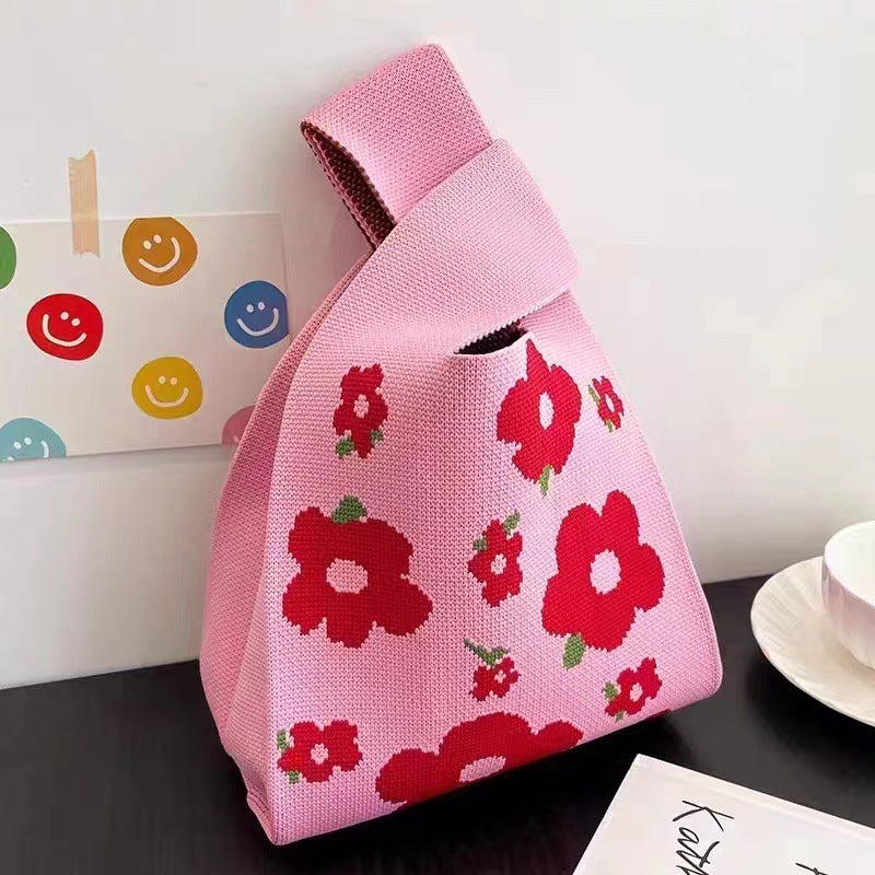 A Internet celebrity handbag women's knitted wool bucket bag Japanese and Korean version versatile hand carry casual tote bag box lunch bag y