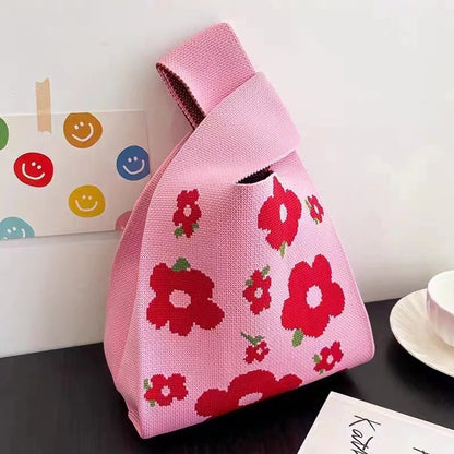 A Internet celebrity handbag women's knitted wool bucket bag Japanese and Korean version versatile hand carry casual tote bag box lunch bag y