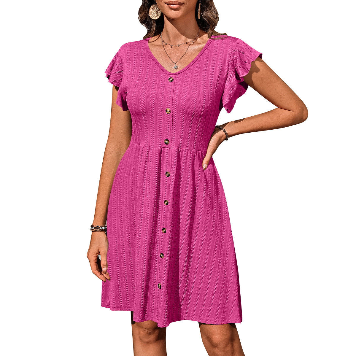 Europe, America, cross-border 2025 Amazon summer new women's clothing V-neck button waist elastic short-sleeved dress women - Mixbatch