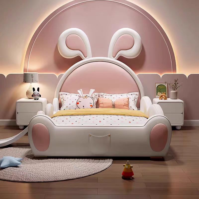 A children's bed girl castle princess bed children's bedroom creative pink cartoon rabbit bed with guardrail storage leather bed
