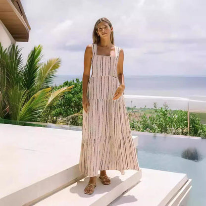 A fresh and sweet cross-border spring and summer style, striped printed one-word collar lace-up dress 88116