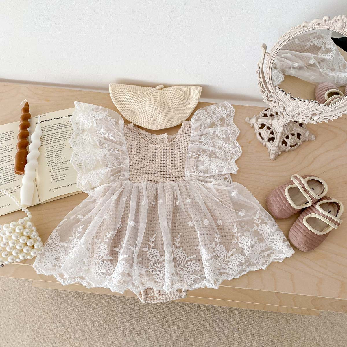 A Baby Bodysuit Korean Edition Girl Baby Lace Summer Flying Sleeves Wrapped Fart Coat Newborn Centenary Princess Harp Dress - Mixbatch