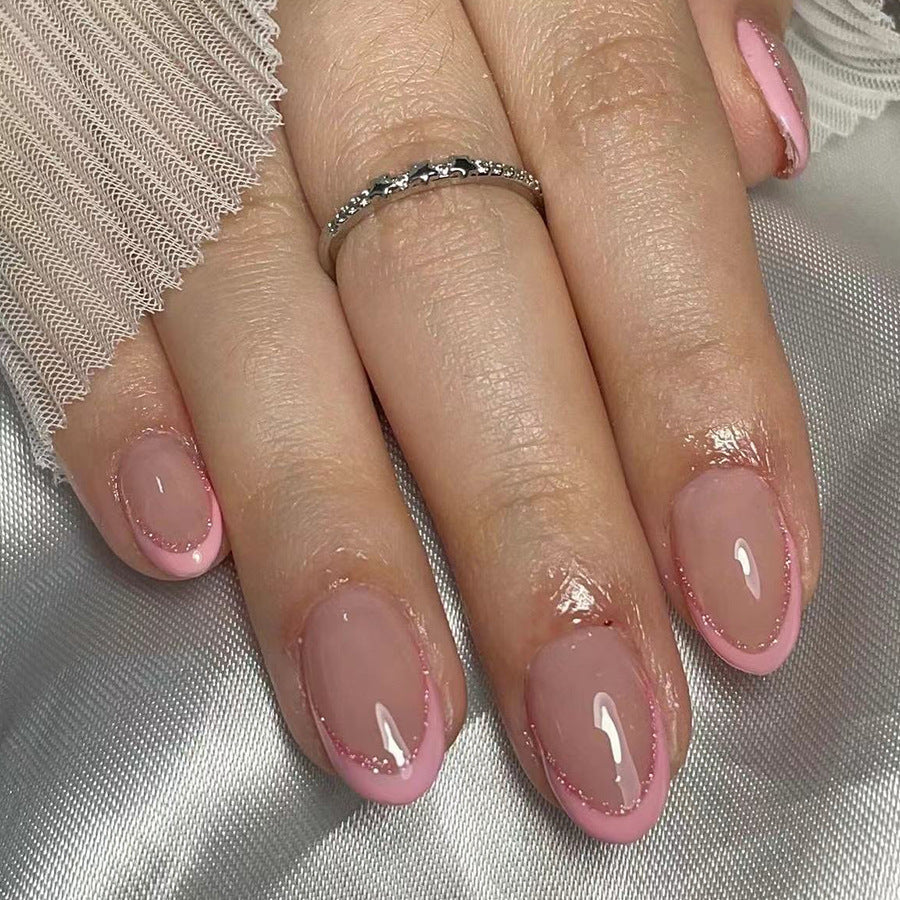 A short glossy oval European and American cross-border foreign trade fresh and fashionable French glitter removable wearable nail patch 24 pieces - Mixbatch