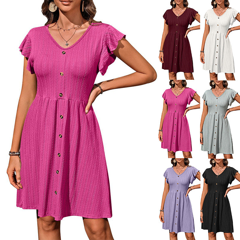 Europe, America, cross-border 2025 Amazon summer new women's clothing V-neck button waist elastic short-sleeved dress women - Mixbatch