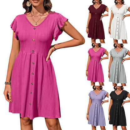 Europe, America, cross-border 2025 Amazon summer new women's clothing V-neck button waist elastic short-sleeved dress women - Mixbatch