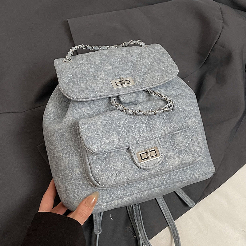 A denim texture small fragrant wind rhombus chain portable small bag fashionable commuter versatile backpack