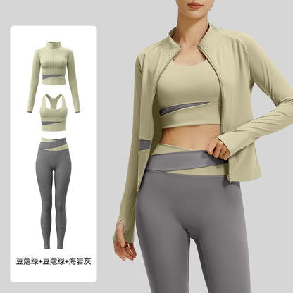 A color matching three-piece nude yoga suit running waist fitness suit women