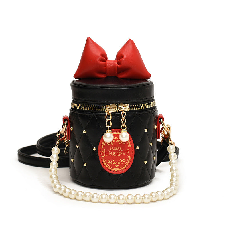 A  children's bag bow bucket bag foreign style girl pearl chain shoulder bag - Mixbatch