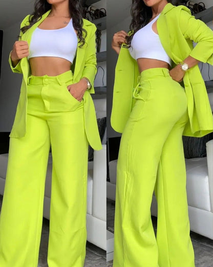 A women's temperament elegant solid color split sleeve lapel suit pocket straight pants suit - Mixbatch