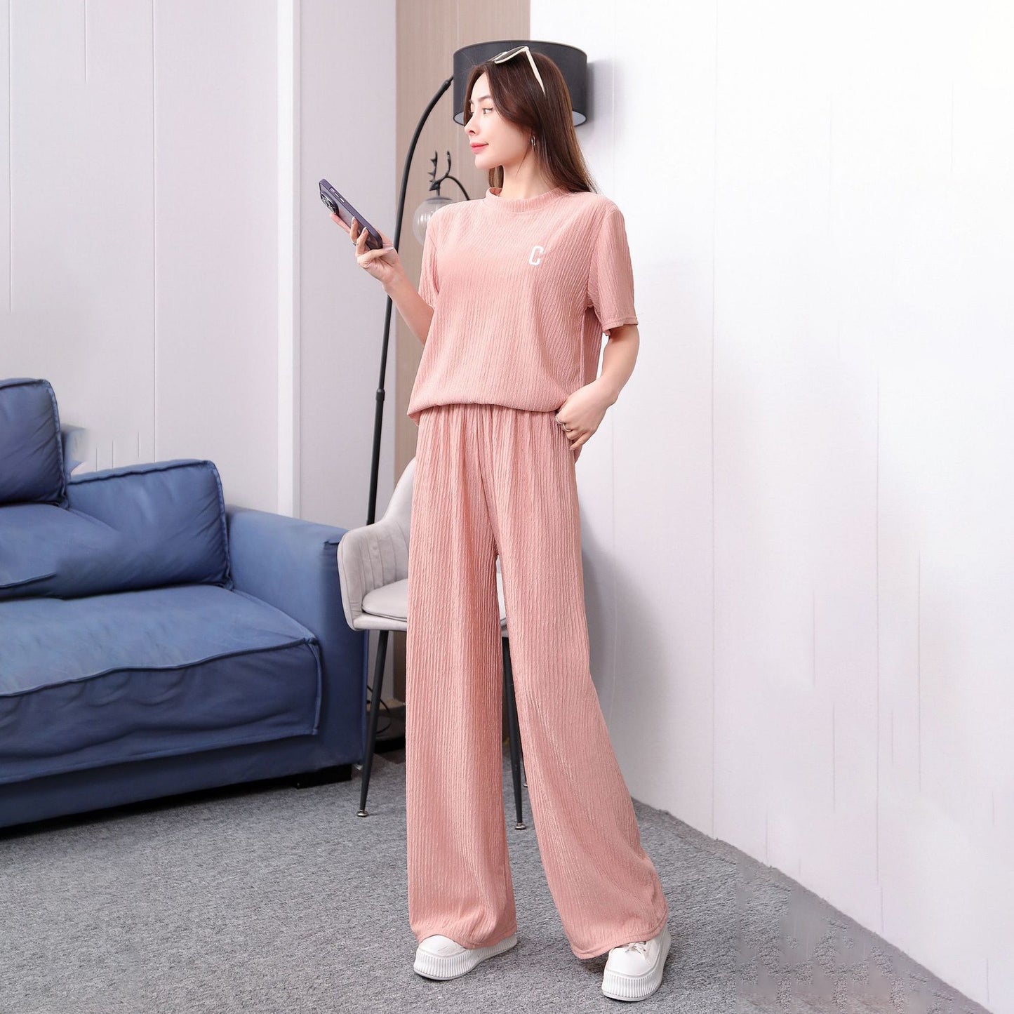 A suit women's spring summer letter embroidery thin ice silk loungewear suit casual loose trousers two-piece set
