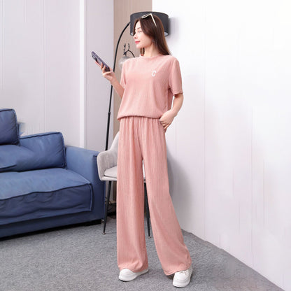 A suit women's spring summer letter embroidery thin ice silk loungewear suit casual loose trousers two-piece set